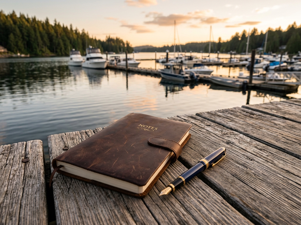 Serene image of a leather notebook and premium pen resting on wood dock overlooking a quiet marina