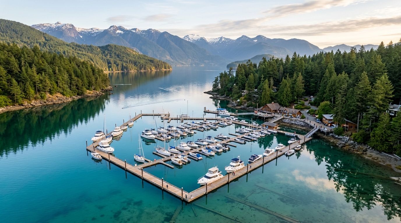 Aerial view of a serene Canadian lake marina with clean wooden docks and surrounded by pine forest