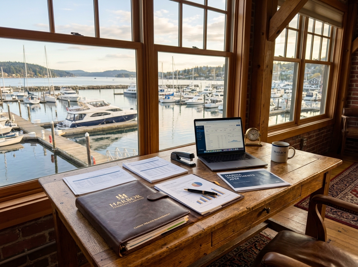 Bespoke marina office wooden desk with laptop and planning documents overlooking yachts on clean water