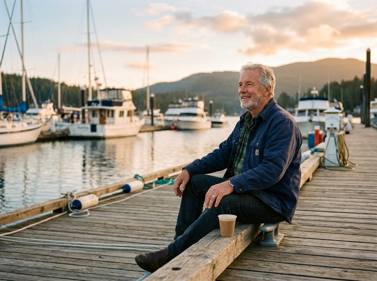 Older marina owner sitting on a wooden dock looking out at boats under warm morning light
