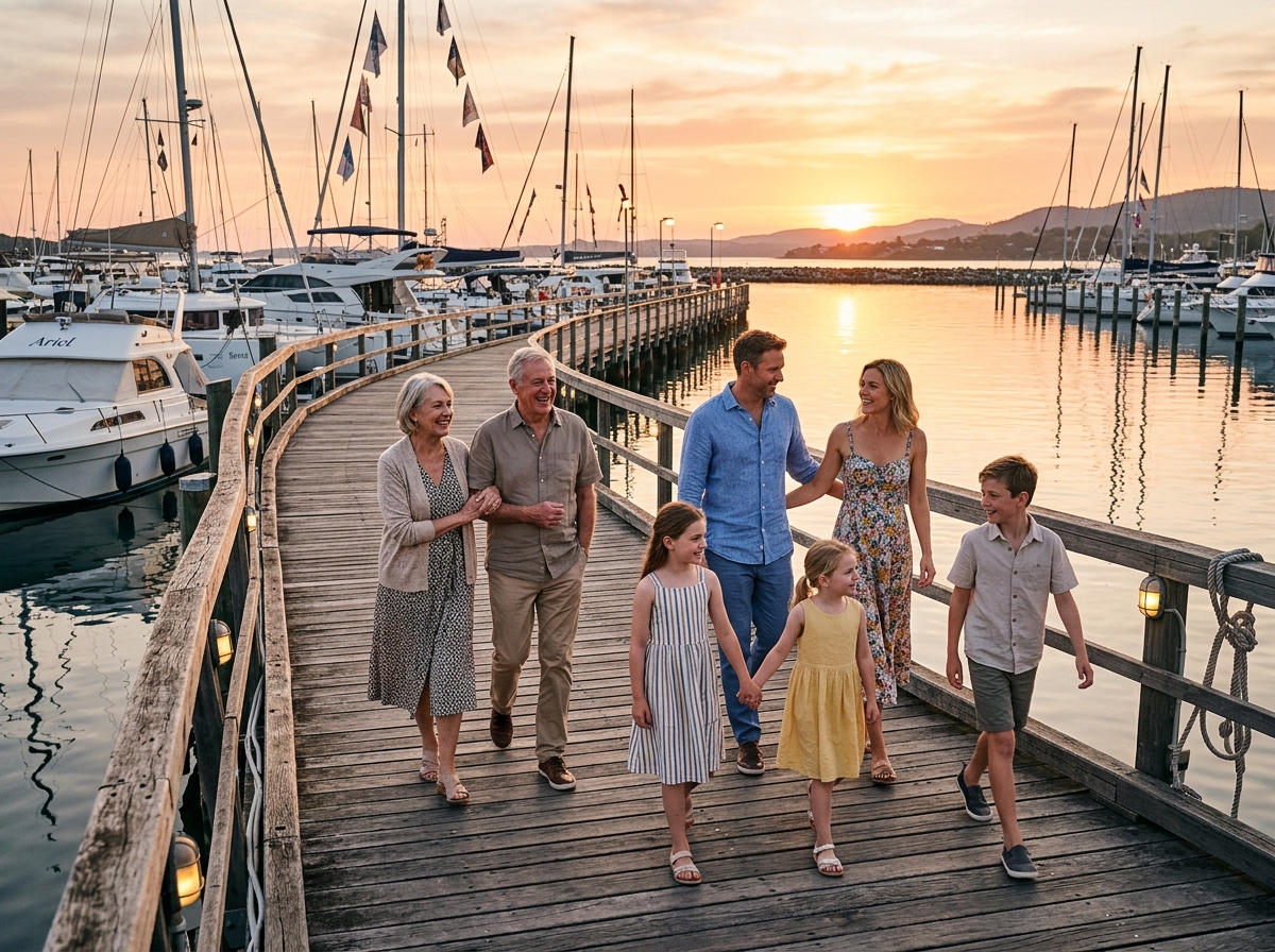 Multi-generational family walking along a marina dock at sunset, smiling